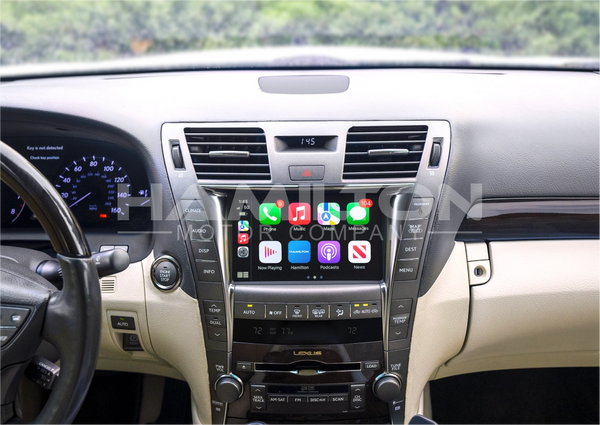 2007-2009 Lexus LS Hamilton Upgrade Kit for Apple CarPlay Installed in Car In Use front view showing the apps on the screen