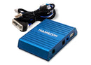 Blue Hamilton metal box with multiple ports on a white background