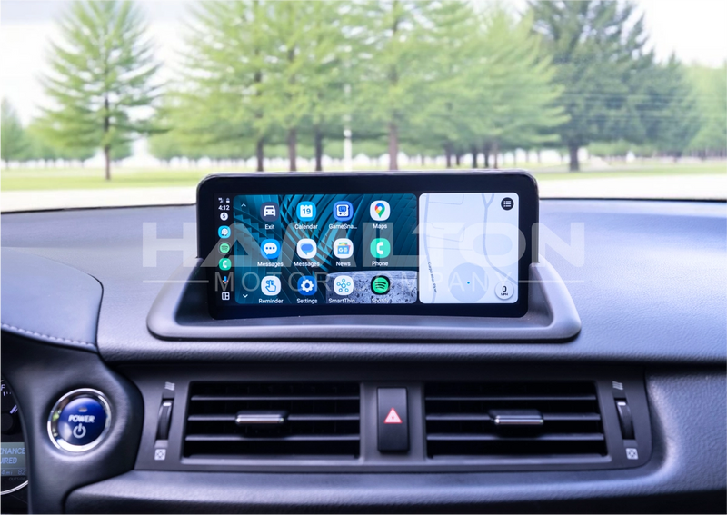 Lexus CT dashboard showing Hamilton Conversion Kit installed with split screen Android Auto view