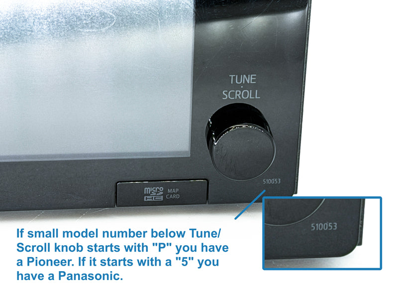 Close-up of a car stereo system with a 'Tune Scroll' knob and model number display.