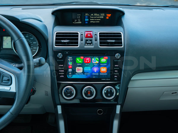 Dashboard of a Subaru Forester with the Hamilton Motor Company upgrade kit installed and the screen showing Apple CarPlay