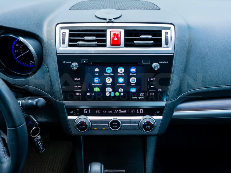 Dashboard of a Subaru Legacy with Hamilton Motor Company Upgrade Kit installed and screen showing Android Auto
